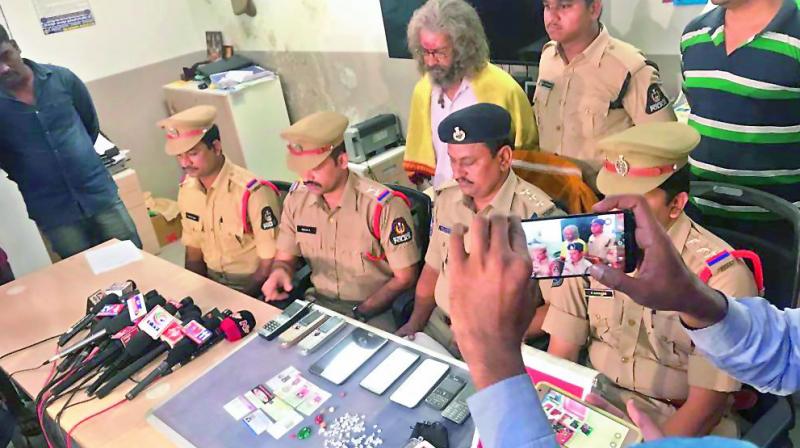 Panjagutta police displaying the seized items infront of the media. (Photo: DC)
