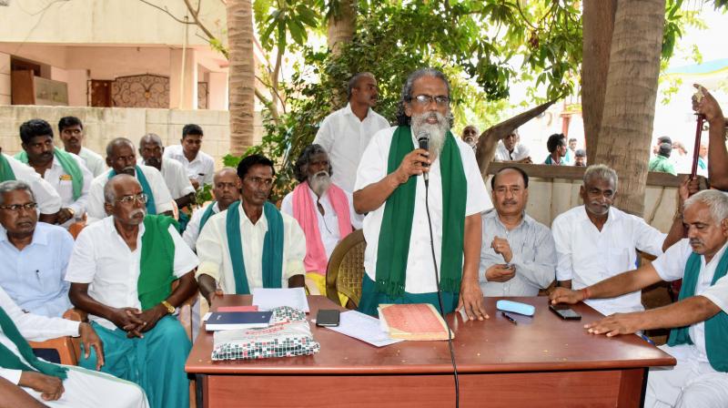 Farmers leader P. Ayyakannu at an interaction with  leaders of various ryots associations in Tiruchy on Sunday. (Photo: DC)