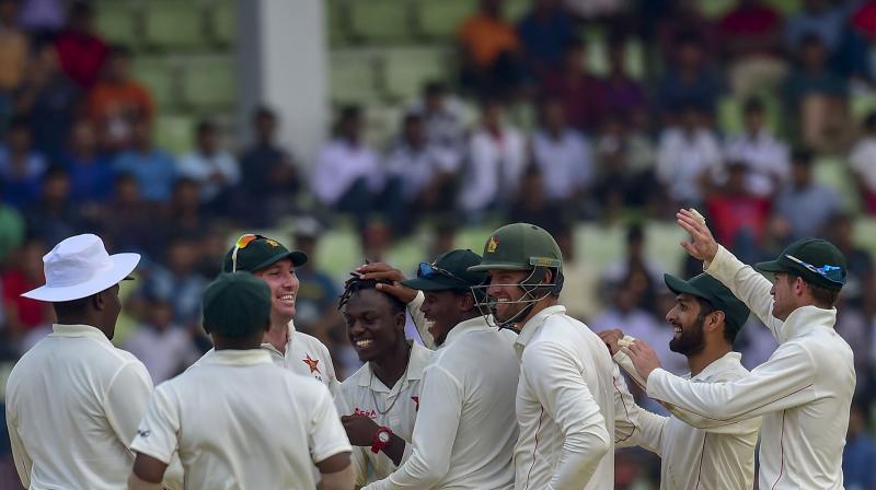 Left-arm spinner Maskadza took the final wicket of the innings, sending Ariful Haque for 38 as Zimbabwe notched their first Test win since beating Pakistan in Harare in 2013. (Photo: AFP)