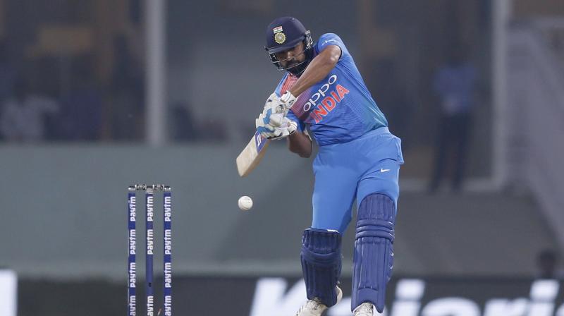 Rohit Sharma plays a shot during the second India-West Indies T20I in Lucknow.(Photo: AP)