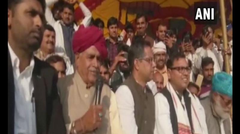 Thousands of members from the Gujjar community participated in the mahapanchayat, which was led by Colonel (retired) Kirori Singh Bainsla. (Photo: ANI)