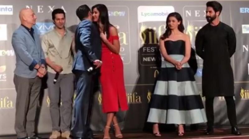 Salman and Katrina embracing each other on stage, during the press conference of IIFA Awards. Despite dating for a good six years and then breaking up, the duo is in excellent terms with one another and Katrina has reportedly called Salman family. After 2012-released hit film Ek Tha Tiger, the pair is coming back for its sequel, titled Tiger Zinda Hai.