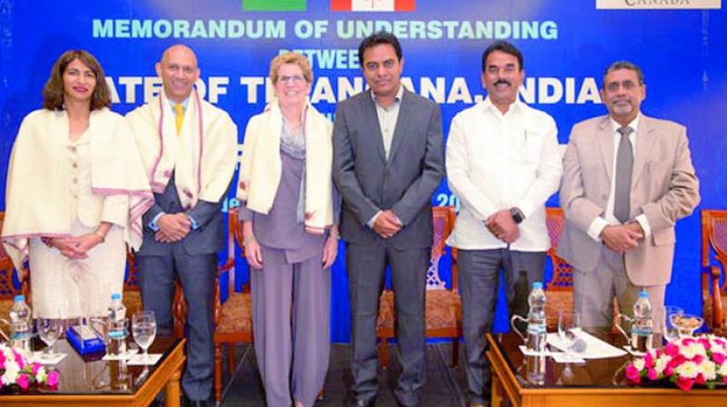 MPP Dipika Damerla with Premier Kathleen Wynne and IT minister K.T. Rama Rao in Hyderabad as part of Ontario Mission.