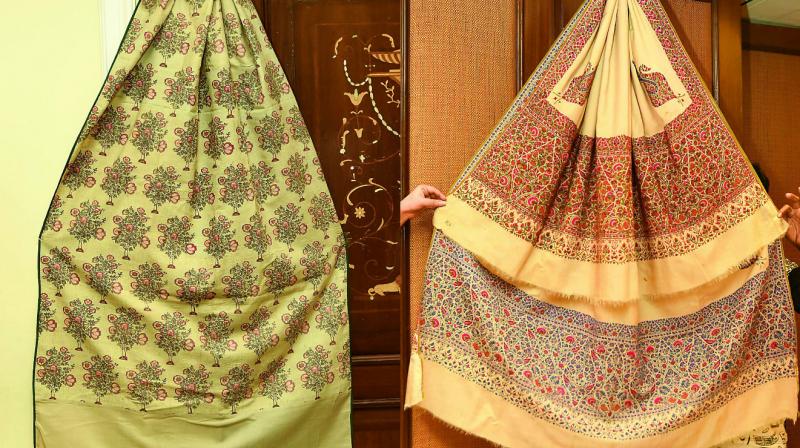 (Left) This shawl has a different colour on either side and is called Do Rokha, Do Ranga. This is around 150-200 years old, and is priced around RS 10 lakh. (Right) The Hyderabadi shawl made for the mughals is priced around Rs 15 lakh and is around 200-250 years old.