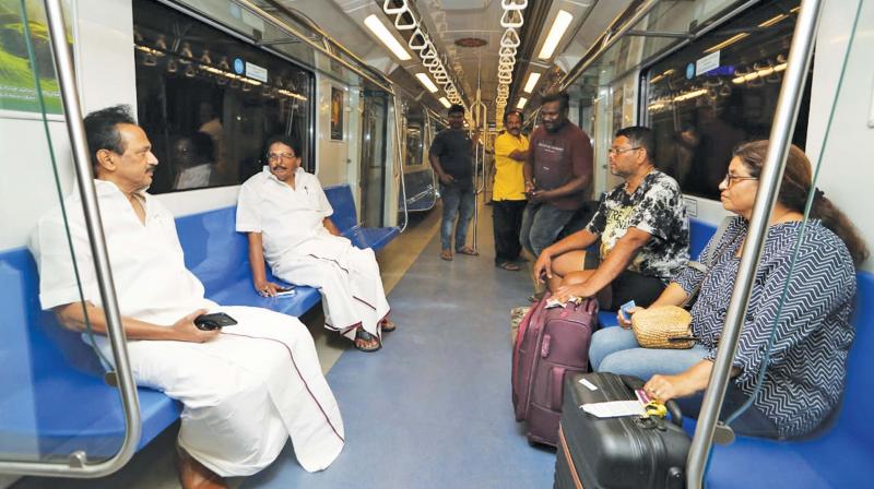 DMK president MK Stalin rides metro rail to his Teynampet home