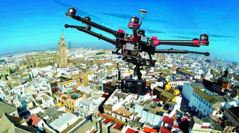 A drone doing aerial survey in Viayawada. (Photo: DC)