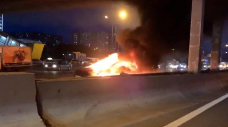 Tesla electric car catches fire in an accident