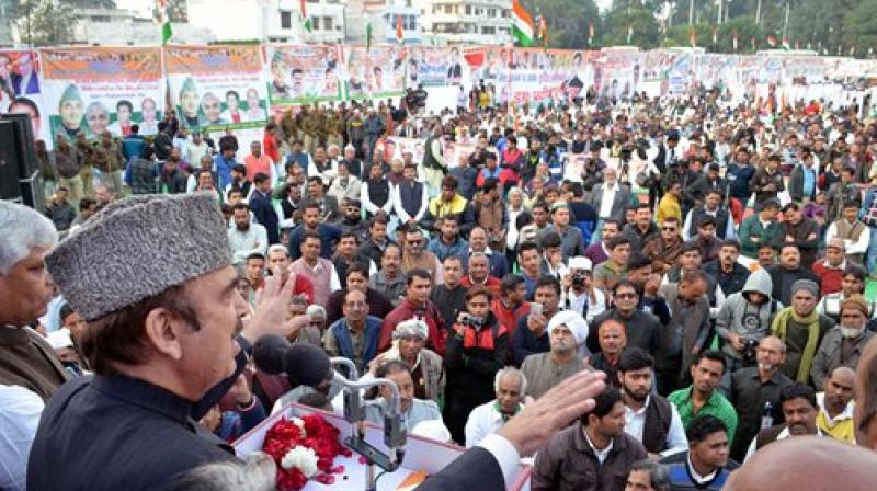 Senior Congress leader and Leader of Opposition in Rajya Sabha Ghulam Nabi Azad addressing a Jan Aakrosh rally in Meerut. (Photo: PTI)
