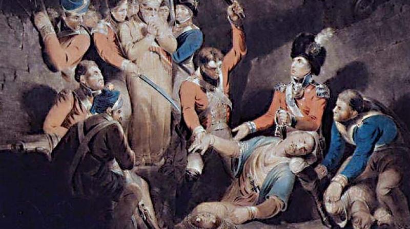 Finding The Body of Tippoo Sultan, a coloured engraving by Samuel William Reynolds, London, 1800