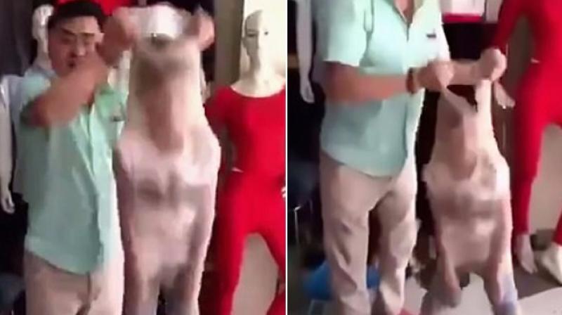 Man stuffs son in tights to show quality. (Photo: Youtube)