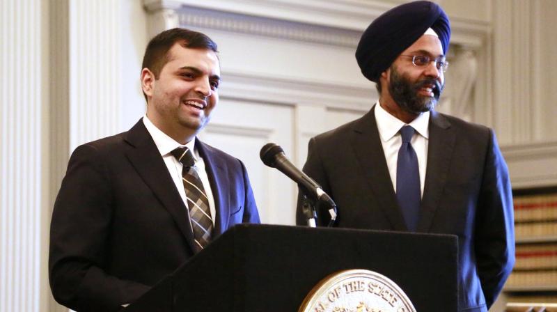 Patel, left, who passed the bar exams of both New Jersey and Pennsylvania in 2016, was administered the oath of office by the New Jersey Attorney Gurbir Grewal, the first Sikh to hold this position nationwide, on Wednesday. (Photo: Twitter/@NewJerseyAG)