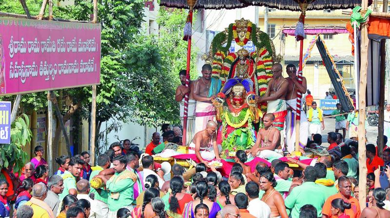 Lord Ramachandra Murthy was taken out on a celestial ride on his favourite carrier Hanumantha Vahanam, as part of the ongoing annual Brahmotsavam at Kodandarama Swamy temple in Tirupati ON Monday.. (Photo: DECCAN CHRONICLE)
