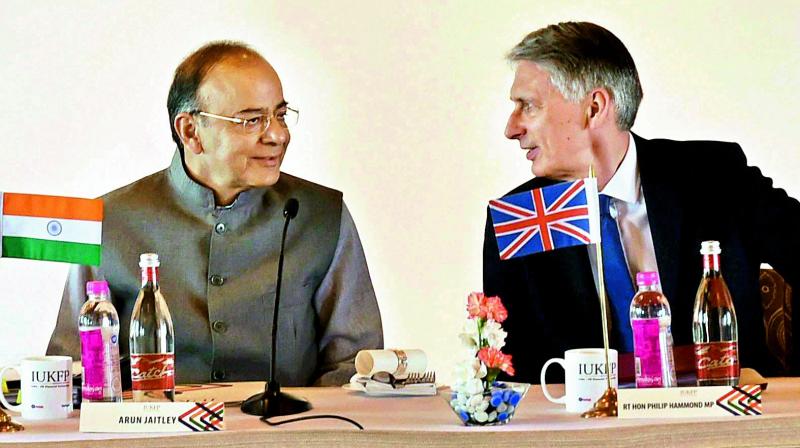 Union finance minister Arun Jaitley along with UKs Chancellor of the Exchequer Philip Hammond prior to their delegation level talks in New Delhi on Tuesday. (Photo: AP)
