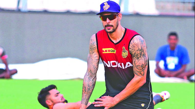 KKR pacer Mitchell Johnson during a training session on Wednesday.  (Photo:  Twitter)