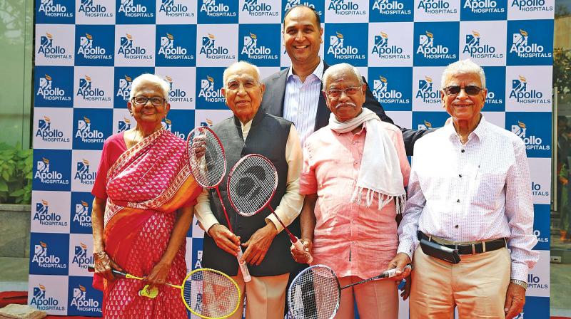 Dr. Sai Satish, along with patients who underwent advanced cardiac procedures.Though the patients are aged above 80, they are fit to play badminton. (Photo: DC)