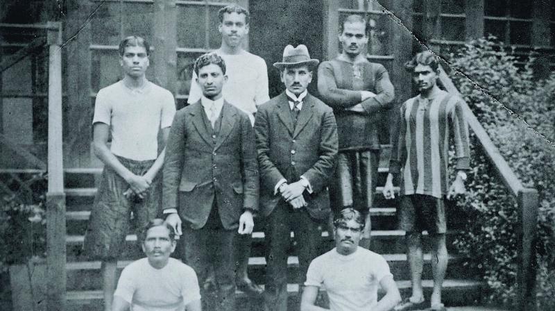 Indias 1920 Antwerp Olympics team (sitting, from left) S. V. Datar, H. D. Kaikadi, (standing from left) R. D. Shinde, Sohrab Bhoot, P. C. Bannerjee, Dr AHA Fyzee, K. T. Navale and P. D. Chaugule.