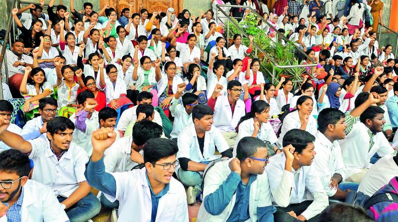 Some of the agitating doctors at Gandhi Hospital.