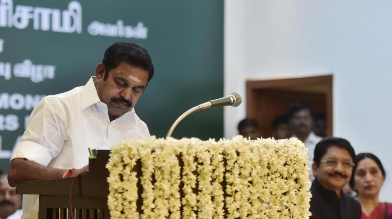 Chief Minister Edappadi K Palanisamy after taking the oath of secrecy administered by Governor CH Vidyasagar Rao during the swearing-in ceremony at Raj Bhavan in Chennai. (Photo: PTI)