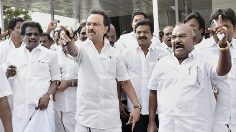 DMK working president M K Stalin arrives along with his party MLAs at the Tamil Nadu Secretariat in Chennai on Saturday.