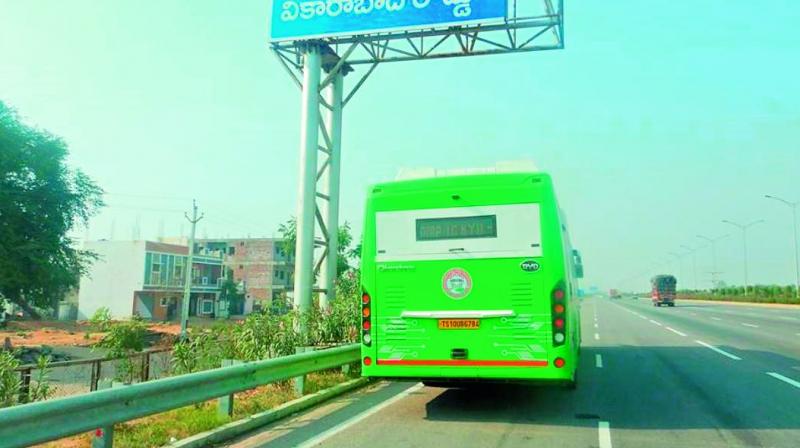 TSRTCs electric bus was fined for parking at a wrong place on Outer Ring Road on Thursday.