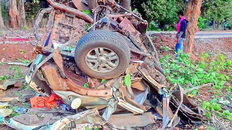 The mangled remains of a vehicle after a BJP convoy was attacked by the Maoists in Dantewada on Tuesday. (Photo: AP)