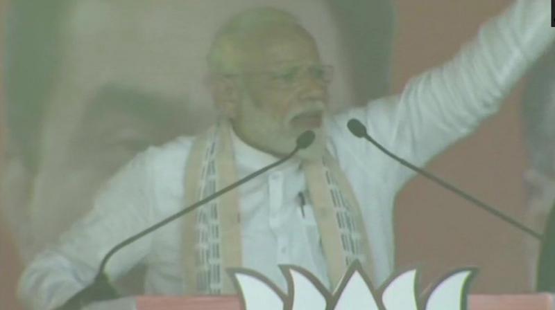 Prime Minister Narendra Modi on Friday said opposition leaders are in a race to support Pakistan on the issue of military operations against terror camps in the neighbouring country. (Photo: Twitter/ANI)