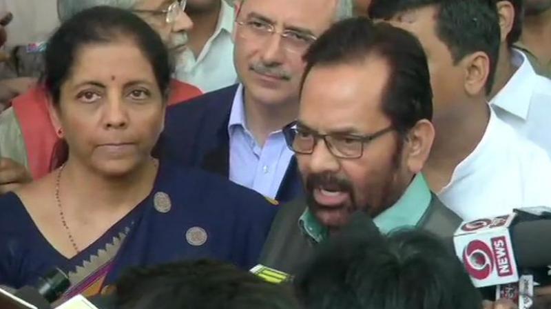 A BJP delegation, including Sitharaman, Union minister Mukhtar Abbas Naqvi and its media head Anil Baluni, submitted to the EC a memorandum. (Image: ANI twitter)