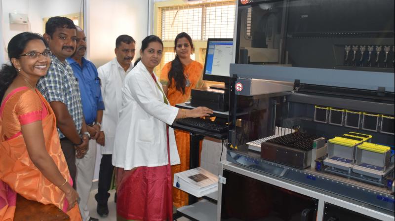 Dr Saradha dean of the Dr K.A.P. Viswanatham Government Medical College hospital Tiruchy inaugurates the HIV Viral Load Testing Center at Tiruchy on Thursday.
