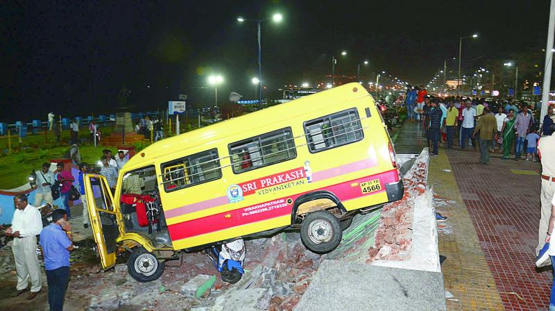 A file photo of the school bus of Sri Prakash Vidyaniketan that skidded off the road killing one and injuring over people seriously on Sunday. (Photo: DC)