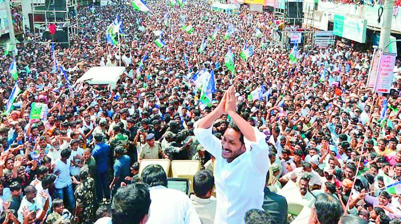 YSRC chief Y.S. Jagan Mohan Reddy during his campaign rally at Narsipatnam in Visakhapatnam district  on Sunday.  (Image DC)