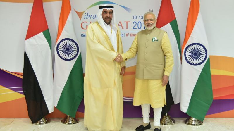 Narendra Modi with Rashid Ahmad bin Fahad, Cabinet Member of the UAE. (Photo: Twitter/MEA)