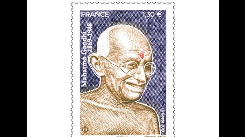 A postage stamp bearing the image of Mahatma Gandhi. (Photo: ANI)