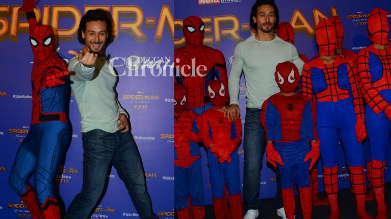 Tiger bonds with Spider-Men as he promotes latest film of the superhero