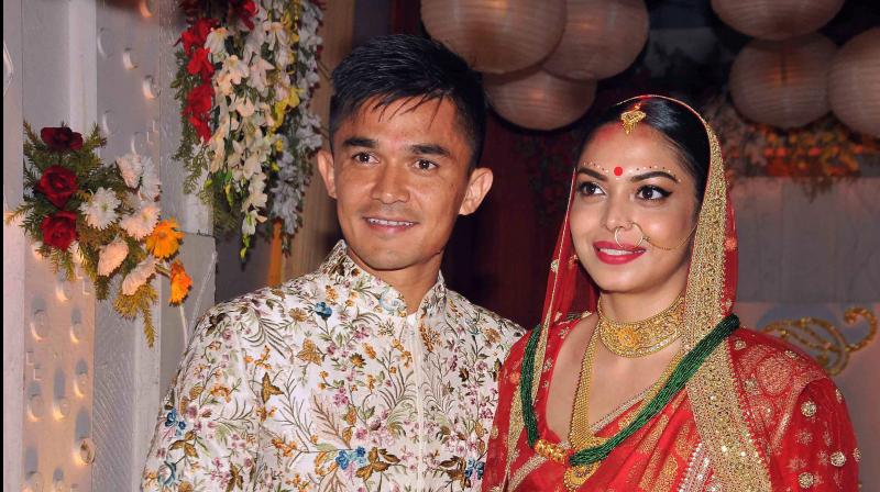 Sunil Chhetri,the poster boy of Indian football, was seen in a traditional Nepali attire topped with a 'topi' (hat) as he made an entry riding a horse in the evening.(Photo: PTI)