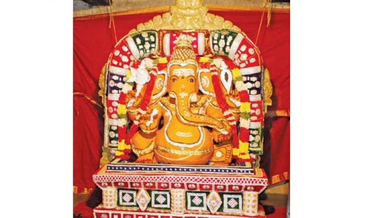 Sandal paste alankaram to Ganesha idol in the shrine at Big temple at Thanjavur after 200 years on Ganesha chathurthi day, Thursday.    Image: DC