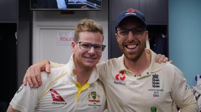 Steve Smith sports spectacles to pose with England\s Jack Leach!
