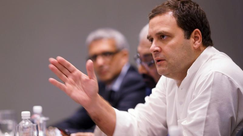 Congress President Rahul Gandhi during a meeting with Indian-origin CEOs of Singaporean companies, in Singapore on Thursday. (Photo: PTI)