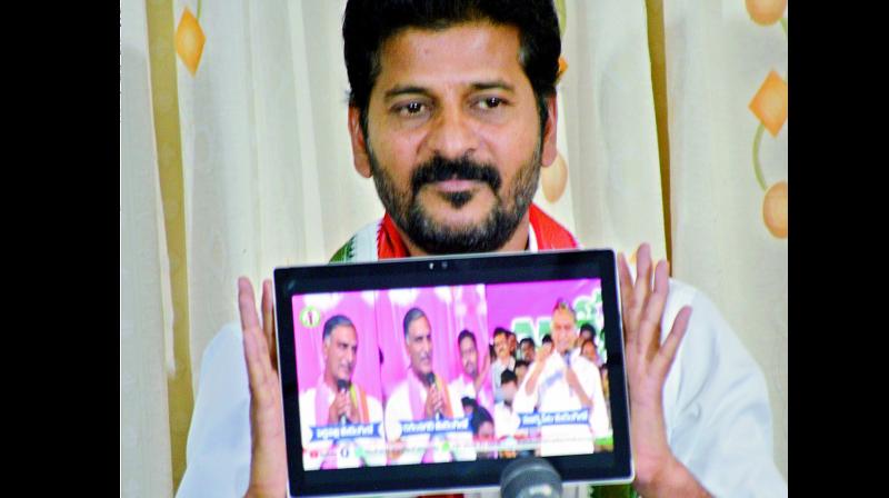Congress leader Revanth Reddy addresses the media in Hyderabad on Tuesday. (Photo: DC)