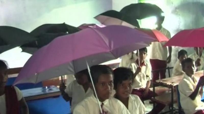 Jharkhand: Children study under umbrellas due to leaking roof in school