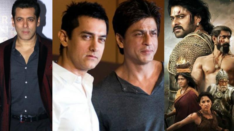 Salman, Aamir and Shah Rukh Khan; Baahubali poster.