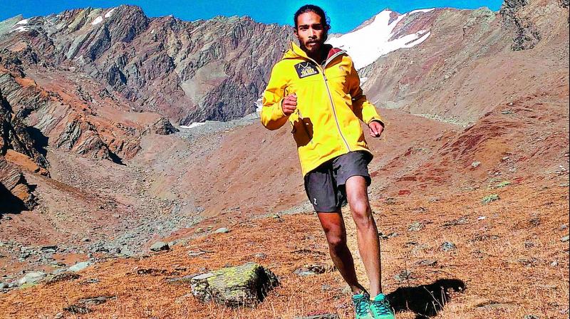 Ultra runner Kieren DSouza on a little run at the base camp of Friendship Peak in the Pir Panjal range in Himachal Pradesh.