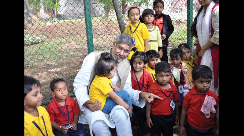 Nobel Laureate Kailash Satyarthi visited the city to launch LEHER, an all India competition to make 52 minute film against child sexual abuse at a function organised by the CII  Young Indian, in Bengaluru on Saturday (Photo: DC)