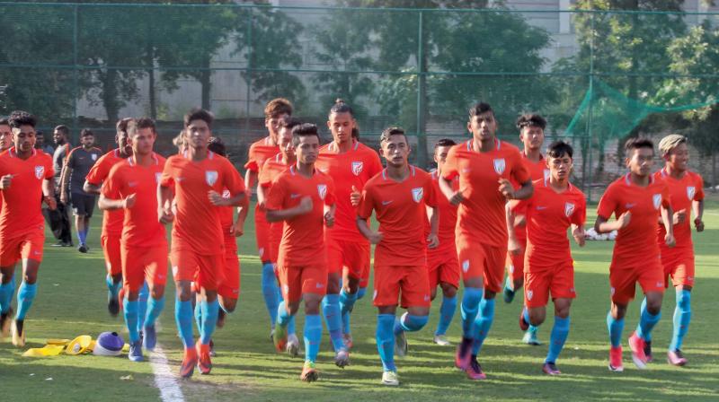 Indias Under-17 World Cup squad at a training session at the Conscient Football ground in Gurugram on Wednesday. The hosts take on USA in their opening match in New Delhi on October 6 (Photo: DC