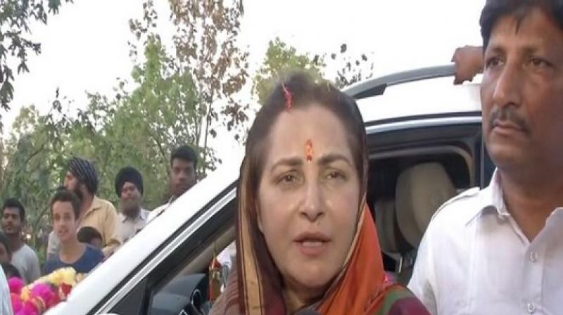 Jaya Prada, the Bharatiya Janata Party candidate from Rampur, has slammed her opponent Azam Khan, for making a derogatory remark against her a few days ago, saying the Samajwadi Party leader has not only insulted her but the entire women community. (Photo: ANI)