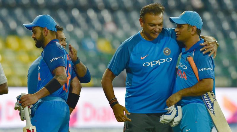 While captain Virat Kohli has always been stood firm in his predecessors support, Team India head coach Ravi Shastri too has not missed a chance to wholeheartedly praise Indias World Cup-winning skipper MS Dhoni. (Photo: PTI)