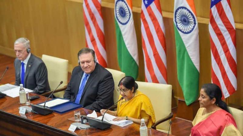 External Affairs Minister Sushma Swaraj, Defence Minister Nirmala Sitharaman, US Secretary of State Mike Pompeo and US Secretary of Defense James Mattis at the joint press conference after the India-US 2+2 Dialogue, in New Delhi. (Photo: PTI)