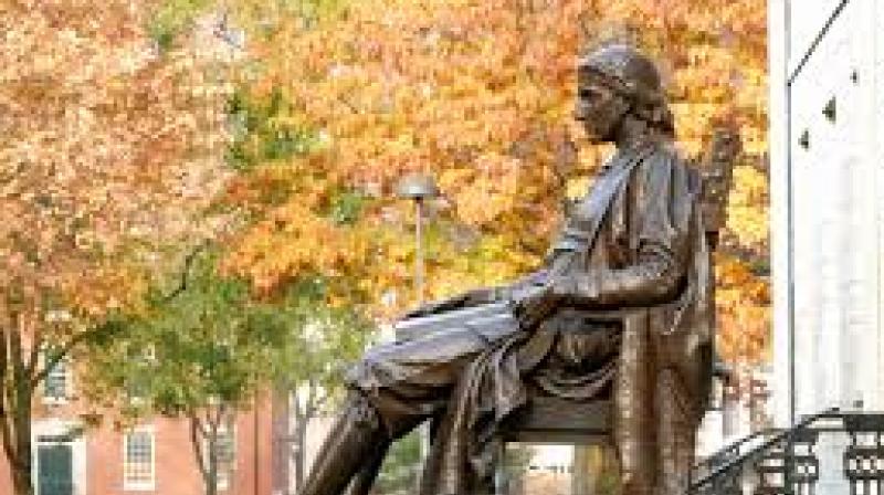 The statue of John Harvard at Harvard Yard.