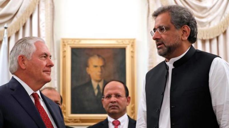US secretary of state Rex Tillerson (right) with Pakistan PM Shahid Khaqan Abbasi in Islamabad on Tuesday. (Photo: AFP)