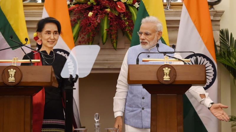 Prime Minister Narendra Modi with Myanmar State Counsellor and Foreign Minister Aung San Suu Kyi at a joint press statement at Hyderabad House, in New Delhi. (Photo: PTI)