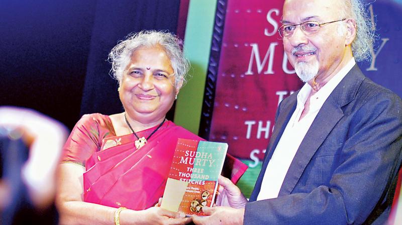 Journalist T.J.S George launches philanthropist Sudha Murtys book, Three Thousand Stitches, in Bengaluru on Friday 	Photo: DC